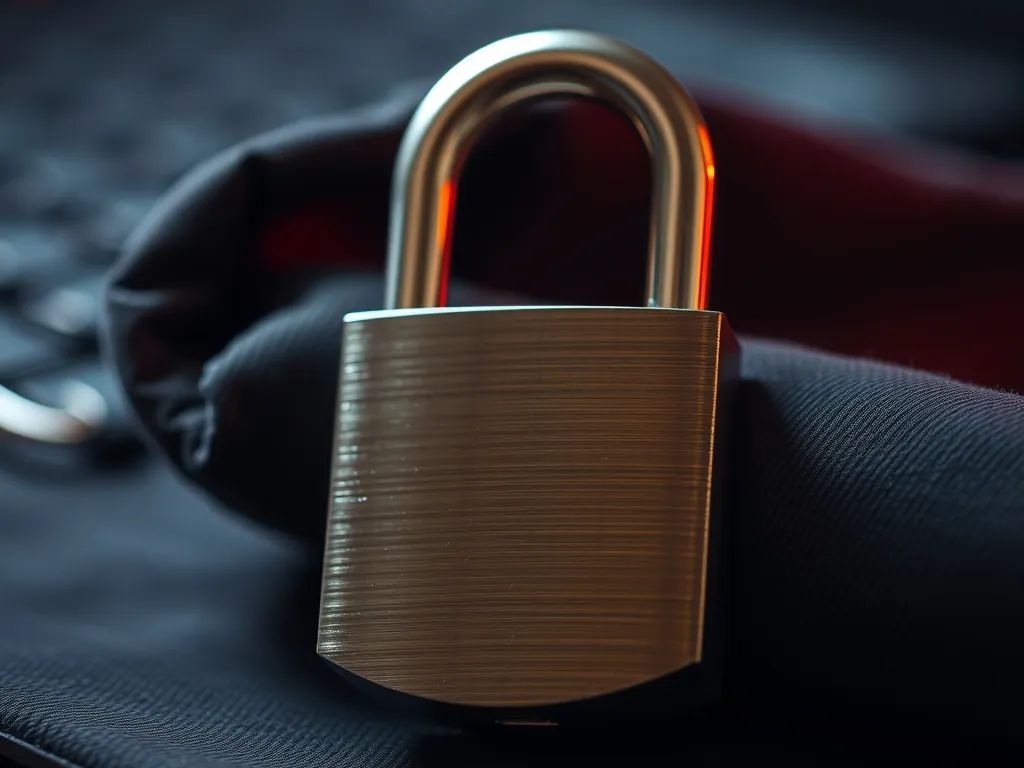 Lucchetto in acciaio su tessuto scuro, simbolo della sicurezza dei pagamenti online